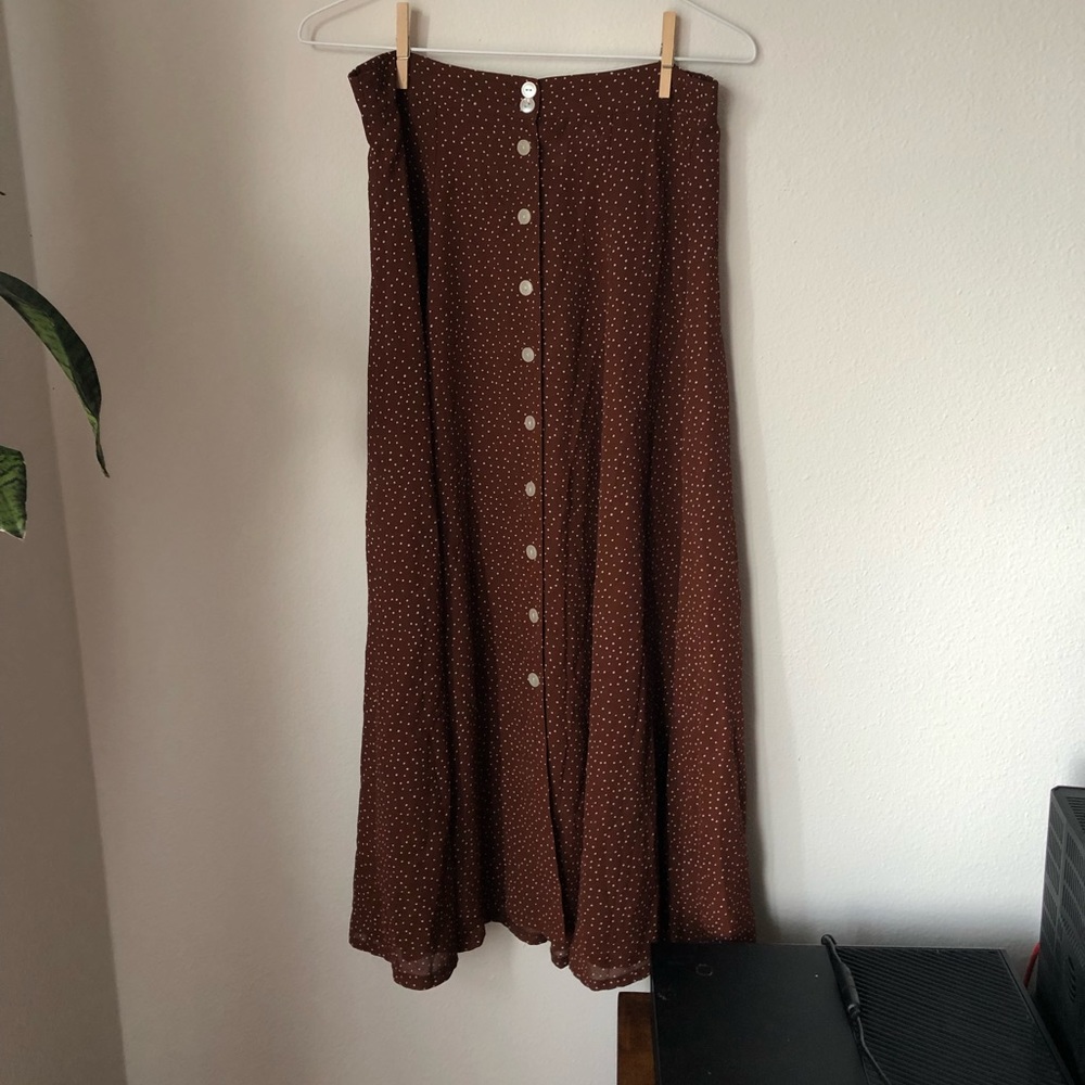 Brown polka dot button front skirt